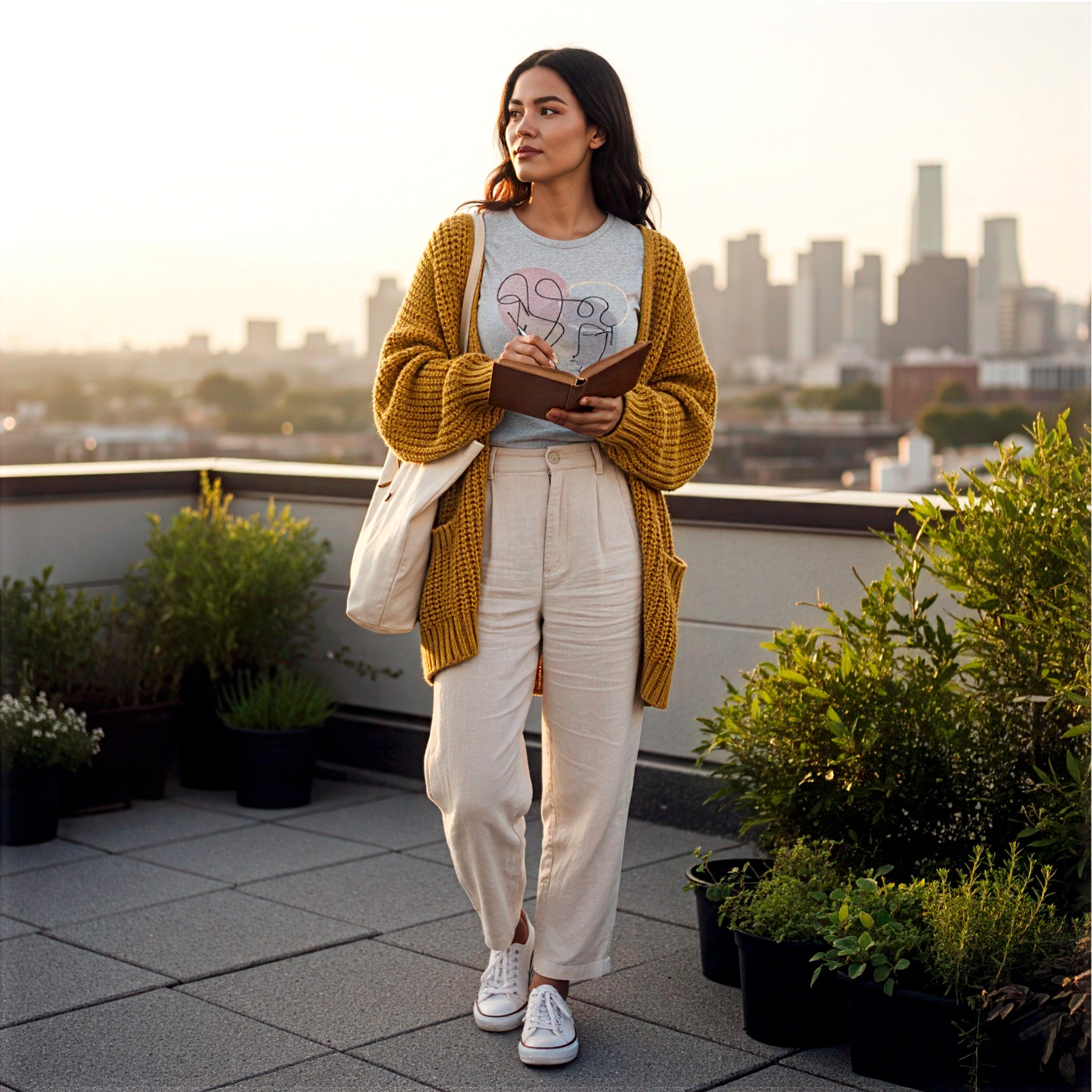 Model wearing Connected by Soul Kankha tee — conscious fashion lifestyle