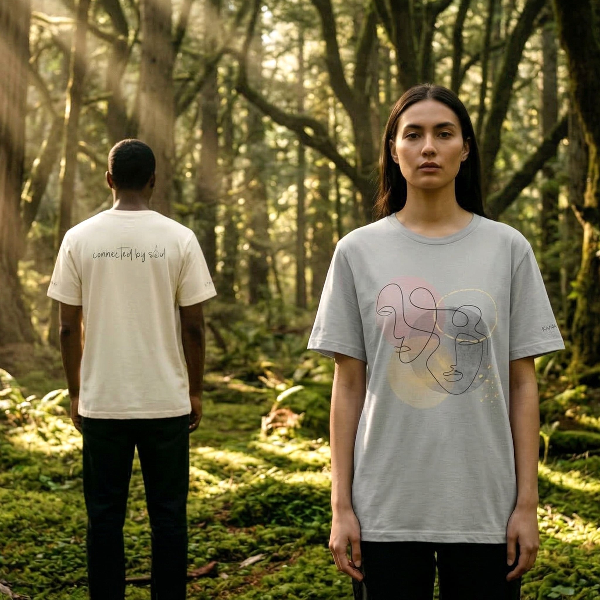 Model wearing Connected by Soul Kankha tee — conscious fashion lifestyle